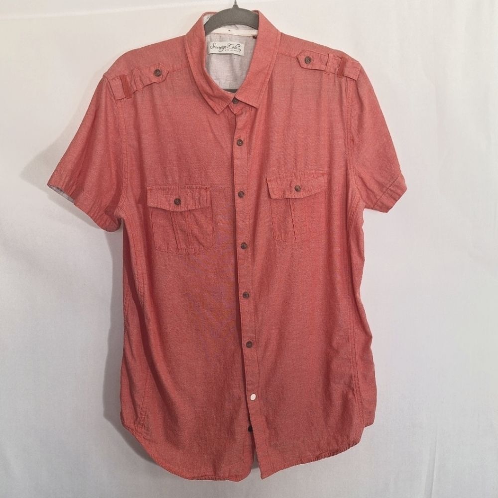 Short Sleeve Button Up Shirt Red Cotton Pockets Casual Large Mens